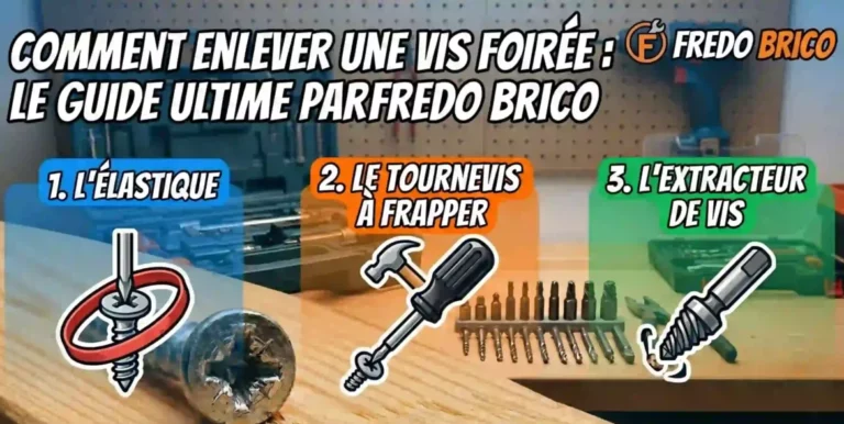 Guide complet 'Fredo Brico' montrant 3 techniques pour dévisser une vis foirée : élastique, tournevis à frapper et extracteur de vis.