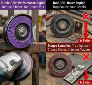 Comparatif des disques abrasifs pour meuleuse : disque CSD violet performant vs disques a lamelles et disques noirs a eviter sur le fer.