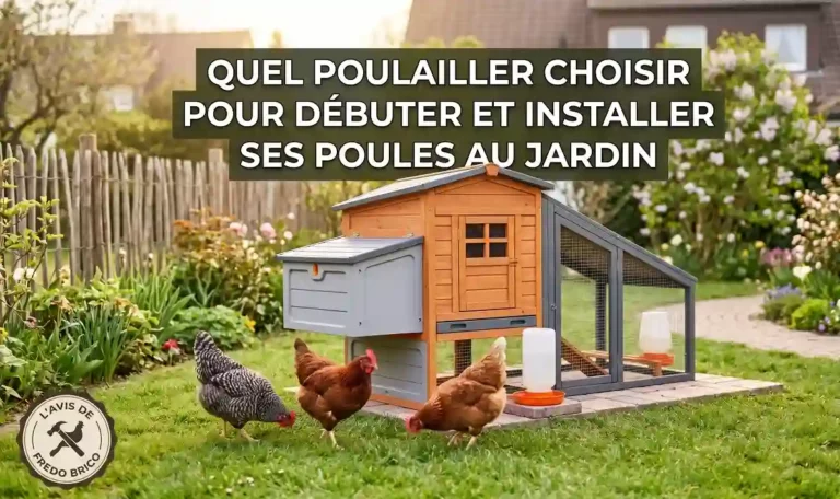 Un poulailler moderne en bois et plastique installé sur une pelouse verte dans un jardin avec trois poules rousses