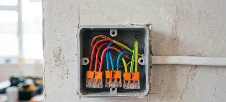 Raccordement électrique propre avec des bornes automatiques dans une boîte de dérivation.