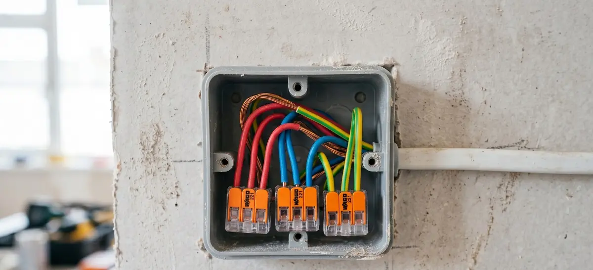 Raccordement électrique propre avec des bornes automatiques dans une boîte de dérivation.