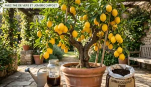 Citronnier chargé de fruits grâce à l'apport de thé de vers