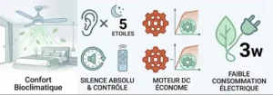 Schéma technique simplifié montrant le fonctionnement silencieux et économique d'un ventilateur de plafond à moteur DC pour la nuit.