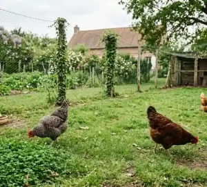 Volailles rousses gambadant dans un grand enclos extérieur en herbe avec de l'espace