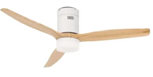 Ventilateur de plafond Create Windcalm avec pales en bois naturel dans un intérieur moderne bioclimatique, illustrant le confort silencieux.