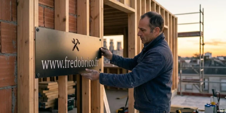 Artisan charpentier fixant une enseigne professionnelle avec l'adresse internet fredobrico fr sur une structure en bois de chantier.