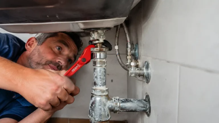 Artisan plombier utilisant une clé à béquille sous un évier pour dévisser un robinet de cuisine grippé