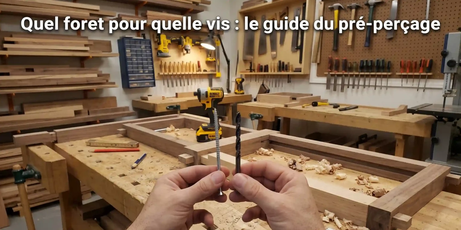 Guide pratique pour le pré-perçage du bois : Photo d'un artisan comparant directement le diamètre d'un foret hélicoïdal noir et d'une vis à bois argentée dans un atelier de menuiserie complet. L'image illustre le choix crucial du bon foret pour pré-percer et éviter de fendre le bois. En arrière-plan, un établi avec des cadres en cours, une perceuse DeWalt, des règles et des copeaux, correspondant au titre de l'article 'Quel foret pour quelle vis : le guide du pré-perçage'.