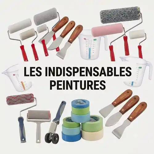 Les Indispensables Peintures" entouré de divers rouleaux de peinture, spatules, rubans de masquage et brocs doseurs sur fond blanc.