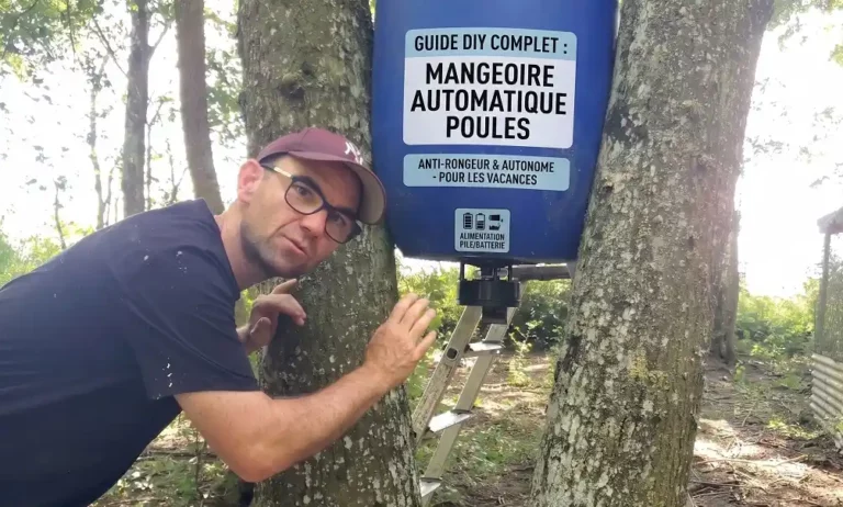 Bricoleur présentant une mangeoire automatique poule anti rongeur fabriquée avec un bidon bleu fixé à un arbre dans un poulailler.