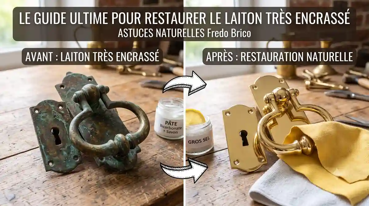 Restauration avant après d'une poignée de porte en laiton très encrassé avec du vert-de-gris et le résultat brillant effet miroir.