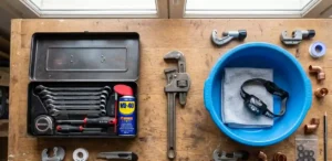 Sélection d'outils indispensables pour démonter un robinet de cuisine dont une clé à béquille et du dégrippant