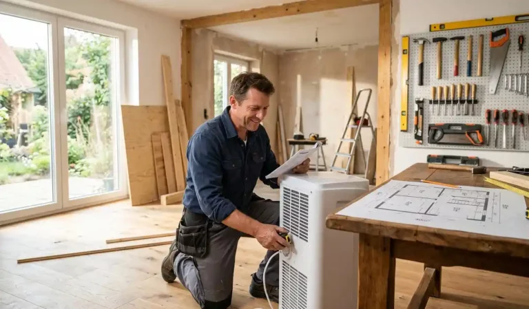 Artisan bricoleur analysant le plan d'une maison pour calculer la puissance de clim pour 40m² à côté d'un climatiseur mobile.