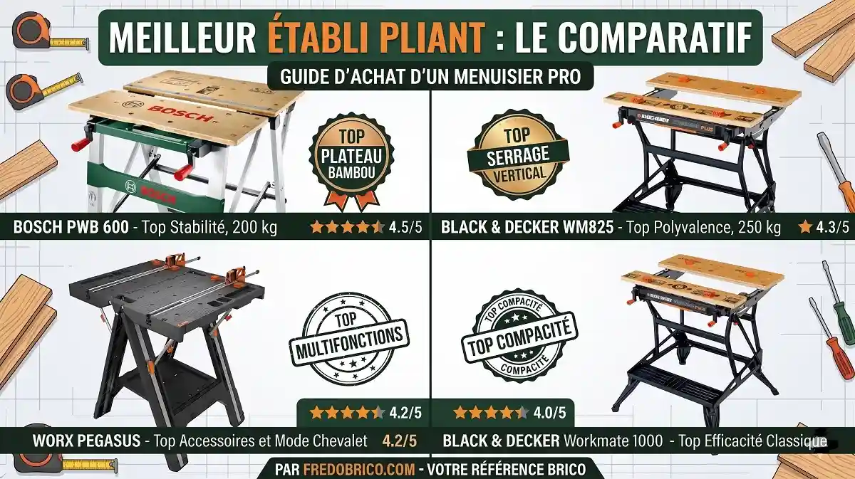 Comparatif complet pour savoir quel établi pliant choisir pour bricoler facilement dans un petit espace ou un garage.