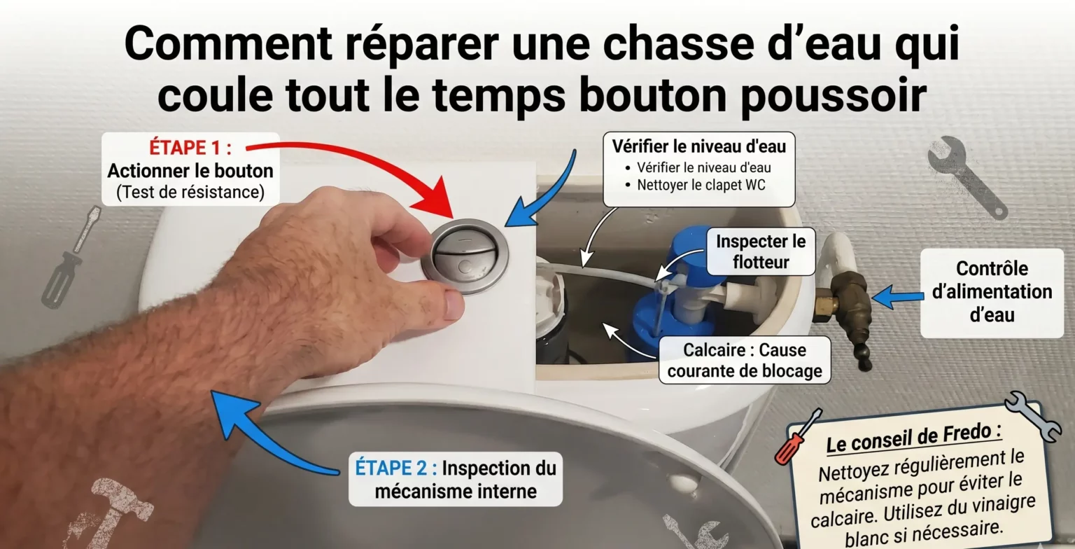 Réparer une chasse d'eau qui coule en continu sur un modèle à bouton poussoir avec vue sur le mécanisme interne et le flotteur.