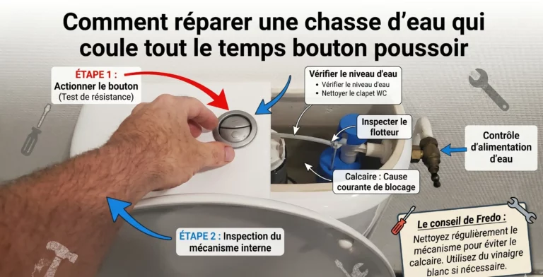 Réparer une chasse d'eau qui coule en continu sur un modèle à bouton poussoir avec vue sur le mécanisme interne et le flotteur.
