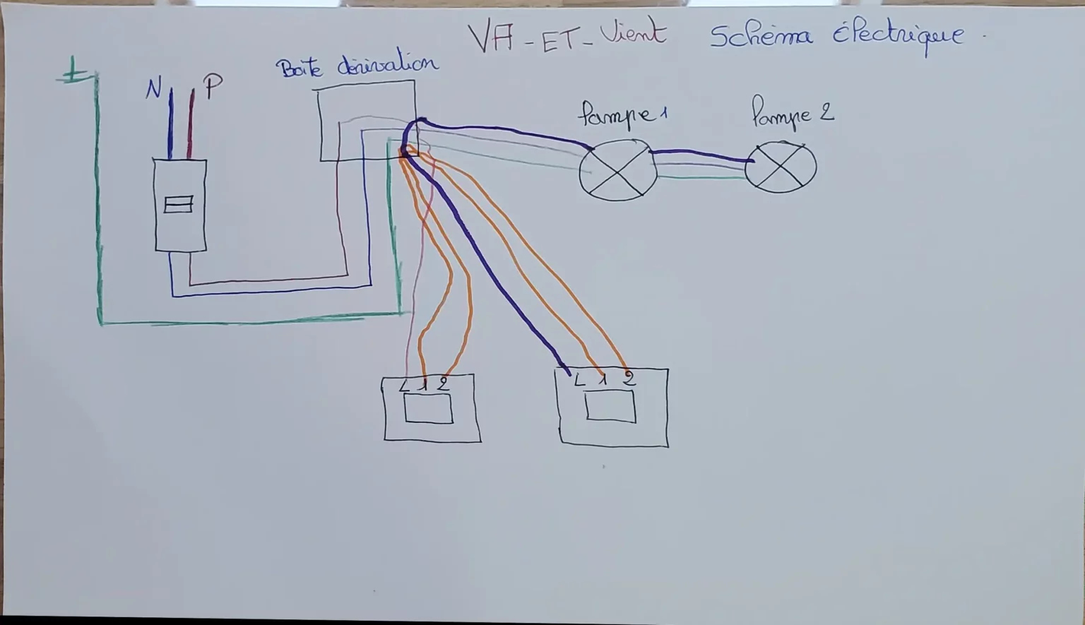 Schéma électrique propre d'un circuit interrupteur va-et-vient avec raccordement par boîte de dérivation et deux lampes en parallèle.