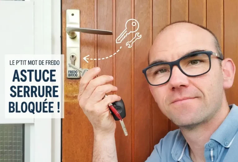 Un menuisier pro montre une clé devant une serrure de porte bloquée qui ne tourne pas.