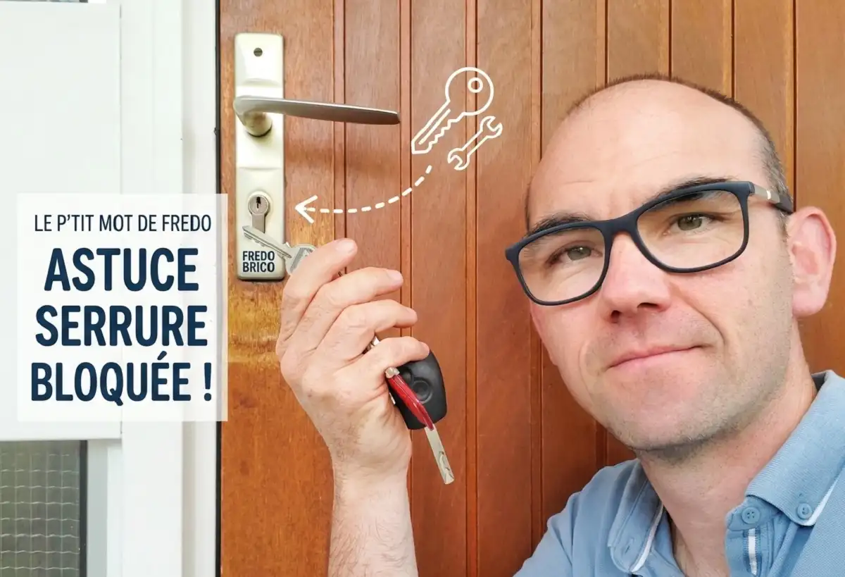 Un menuisier pro montre une clé devant une serrure de porte bloquée qui ne tourne pas.