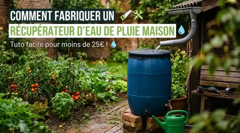 Tutoriel pas à pas pour fabriquer un récupérateur d'eau maison à partir d'un tonneau bleu relié à une gouttière de jardin potager.