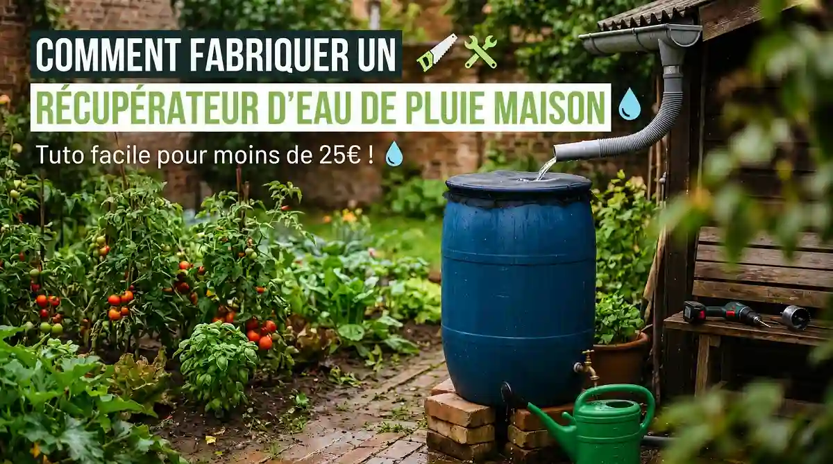 Tutoriel pas à pas pour fabriquer un récupérateur d'eau maison à partir d'un tonneau bleu relié à une gouttière de jardin potager.
