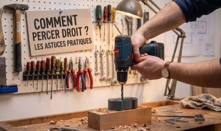Un bricoleur utilise un guide de perçage sur son établi en bois pour apprendre comment percer droit de manière précise.