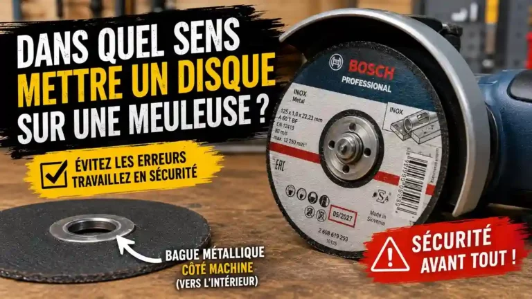 Sens de montage d'un disque sur une meuleuse d'angle avec la bague métallique côté machine et l'étiquette visible pour un montage sécurisé.
