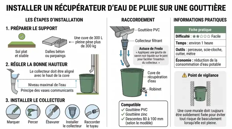 Schéma montrant comment installer un récupérateur d'eau de pluie sur une gouttière PVC ou zinc avec collecteur filtrant, hauteur de raccordement et support de cuve.