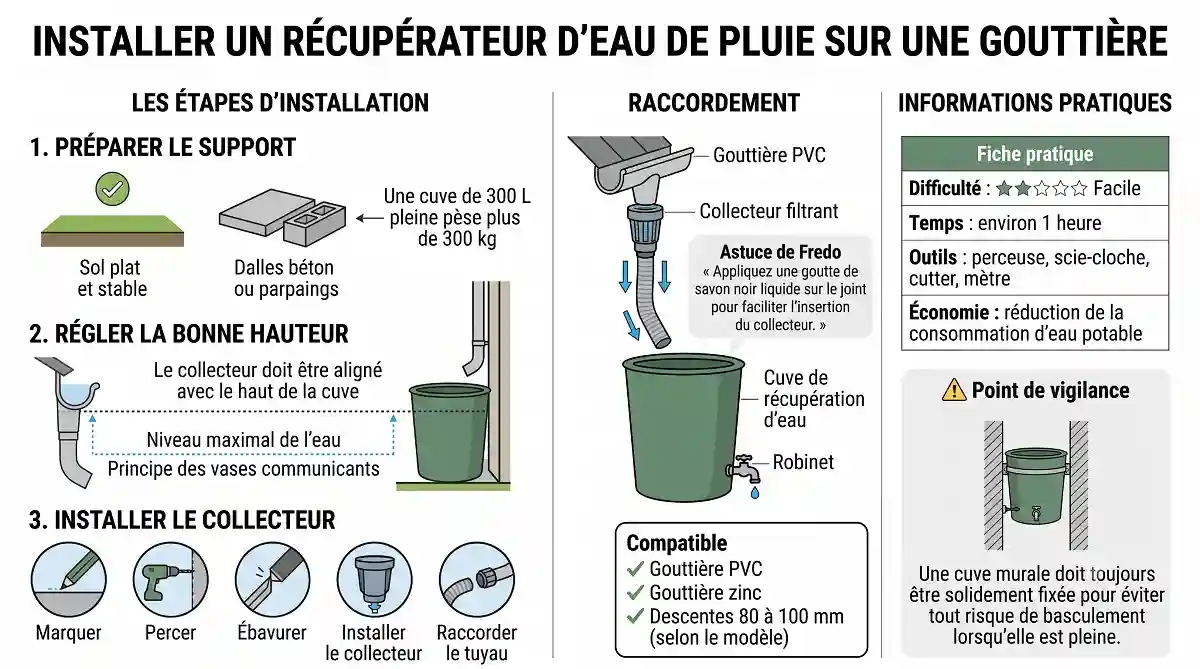 Schéma montrant comment installer un récupérateur d'eau de pluie sur une gouttière PVC ou zinc avec collecteur filtrant, hauteur de raccordement et support de cuve.