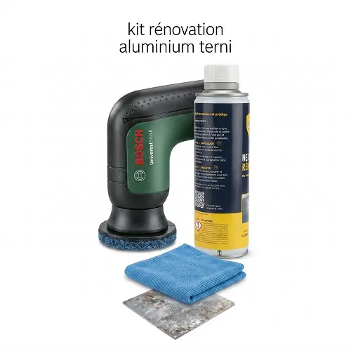 Kit de rénovation pour aluminium terni avec brosse rotative et produit nettoyant.