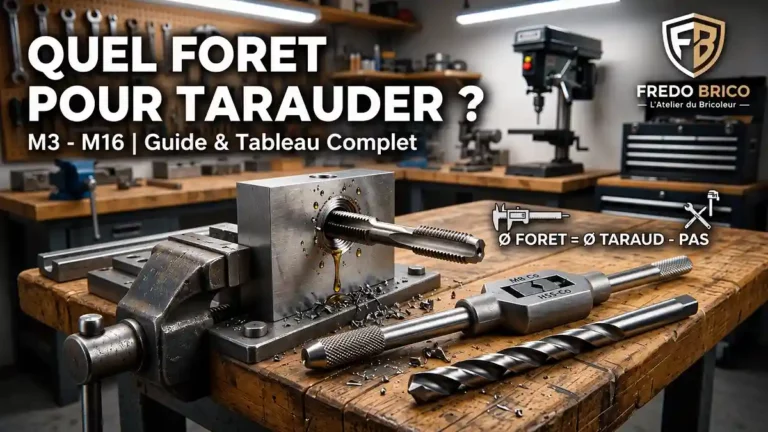Quel foret pour tarauder un filetage M3 à M16 : tableau des diamètres de perçage avant taraudage avec foret HSS et taraud dans un atelier de bricolage.