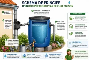 Schéma illustrant le fonctionnement d'un récupérateur d'eau de pluie maison avec gouttière, collecteur filtrant, cuve, robinet de puisage et trop-plein.