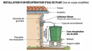 Schéma de raccordement d'un récupérateur d'eau de pluie sur une descente de gouttière avec collecteur filtrant