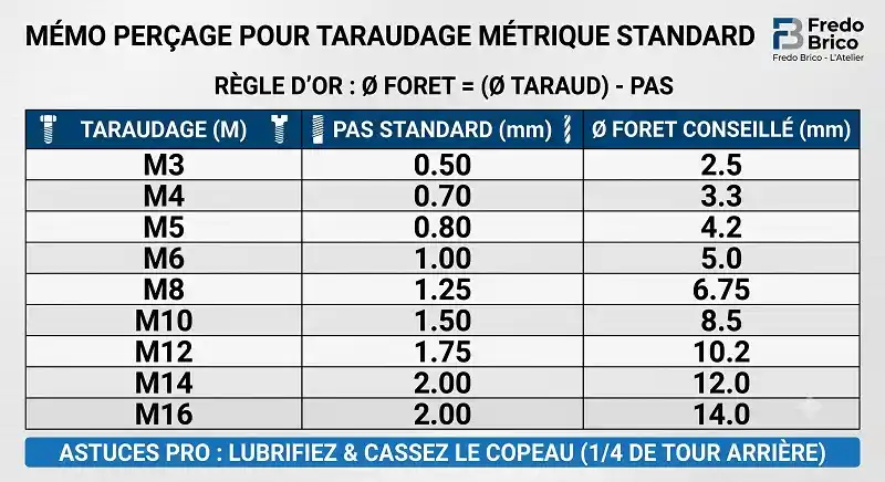 Tableau récapitulatif indiquant quel foret pour quel taraudage utiliser en pas métrique standard du M3 au M16