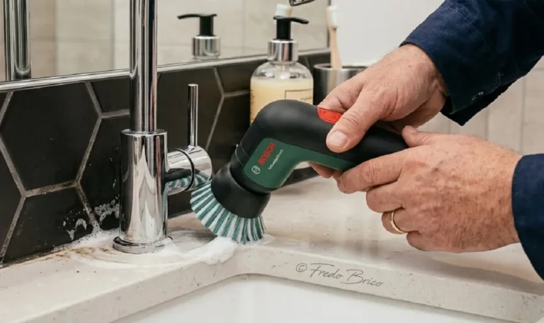 Utilisation de la brosse de nettoyage électrique Bosch UniversalBrush pour récurer le calcaire et la saleté autour d'une robinetterie de salle de bain.