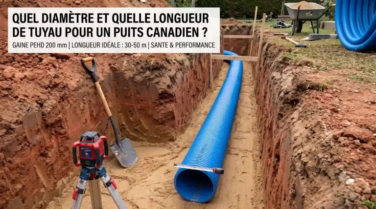 Chantier d'installation d'une gaine PEHD bleue dans une tranchée de jardin avec un niveau laser et une pelle, pour illustrer quel diamètre et quelle longueur de tuyau pour un puits canadien choisir.