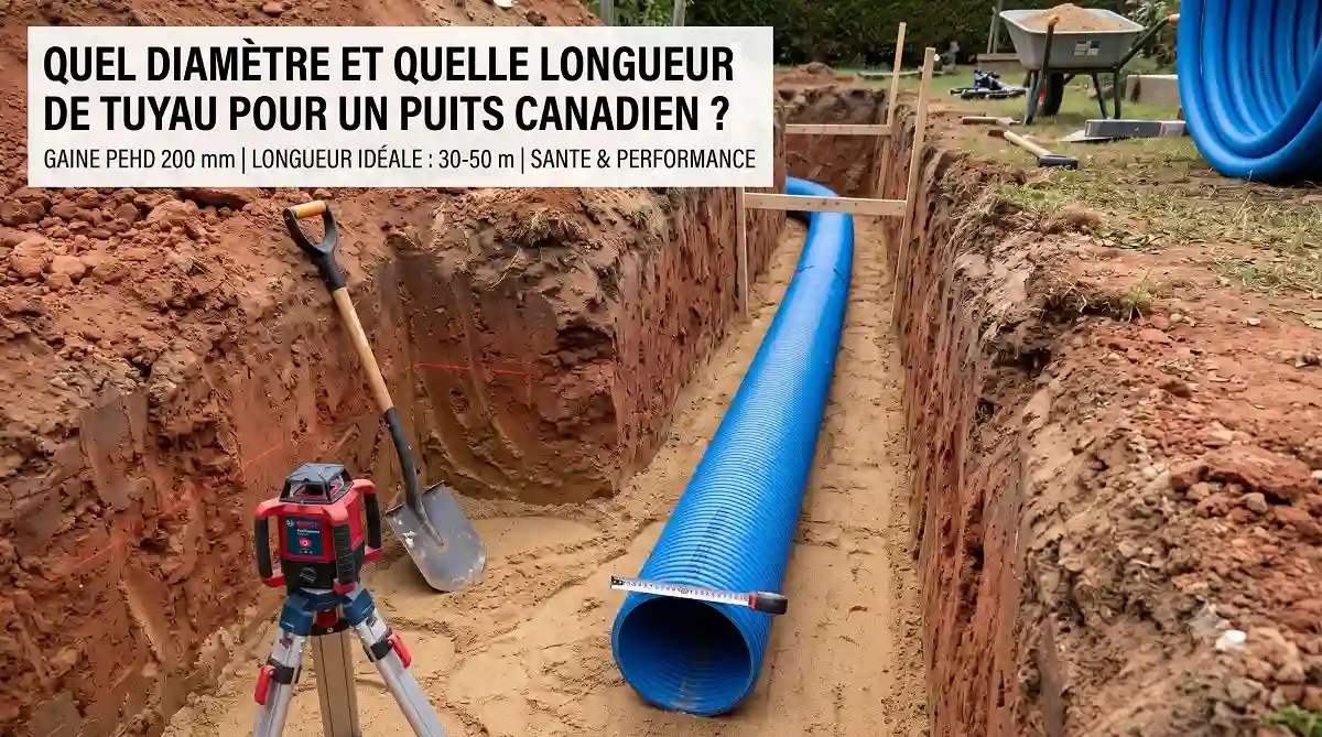 Chantier d'installation d'une gaine PEHD bleue dans une tranchée de jardin avec un niveau laser et une pelle, pour illustrer quel diamètre et quelle longueur de tuyau pour un puits canadien choisir.