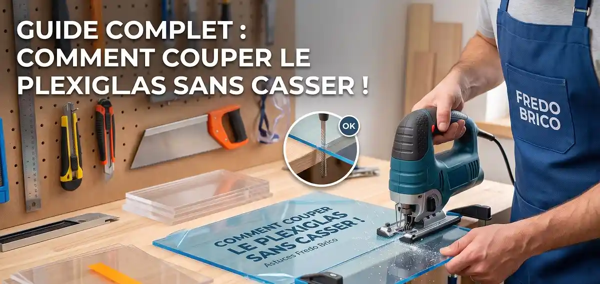 Un artisan Fredo Brico utilise une scie sauteuse pour couper une plaque de plexiglas bleu transparent sans la casser sur son établi.