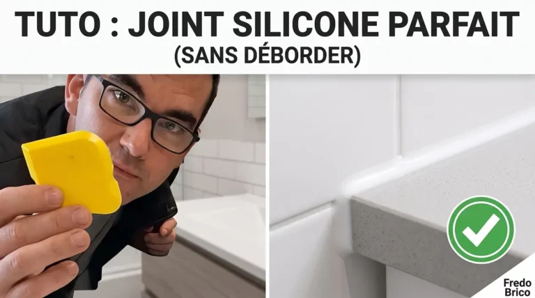 Fredo Brico montrant une cale de lissage jaune et le résultat d'un joint silicone propre parfait sans déborder sur carrelage de salle de bain.
