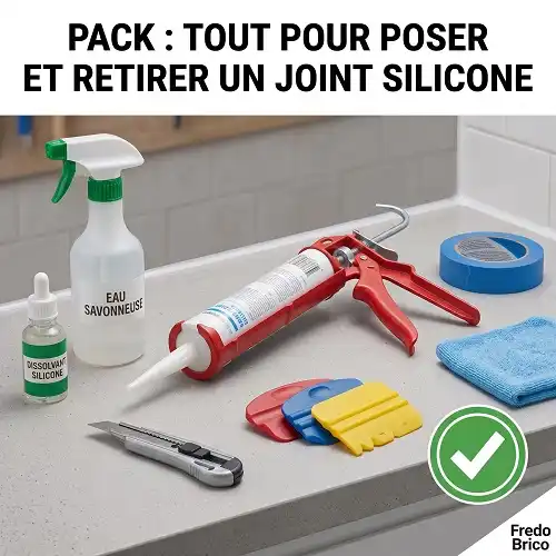 Pack complet photoréaliste de matériel testé par Frédo Brico pour la pose et la dépose de joints silicone, avec pistolet Tajima, lisseurs, spray, dissolvant, scotch et cutter, validé par un badge vert, avec le titre 'PACK : TOUT POUR POSER ET RETIRER UN JOINT SILICONE