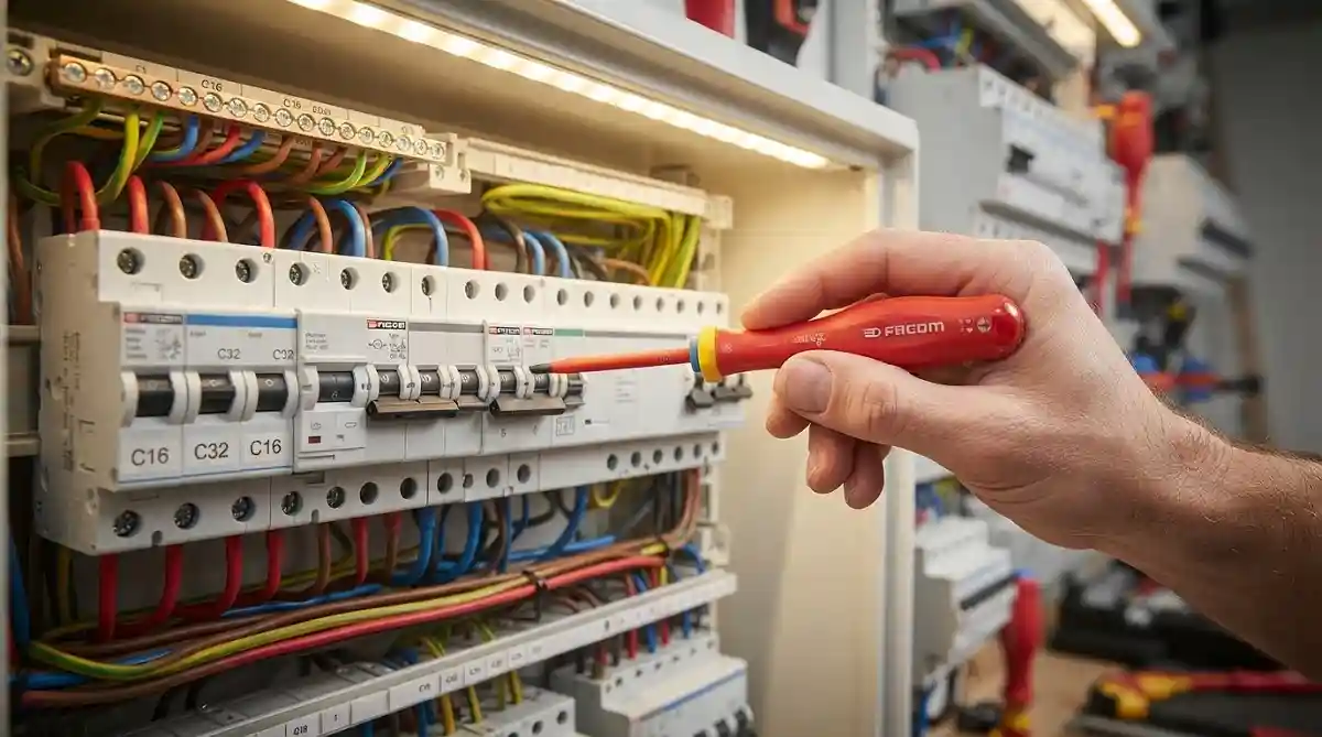 Gros plan sur un tournevis isolé professionnel utilisé dans un tableau électrique moderne