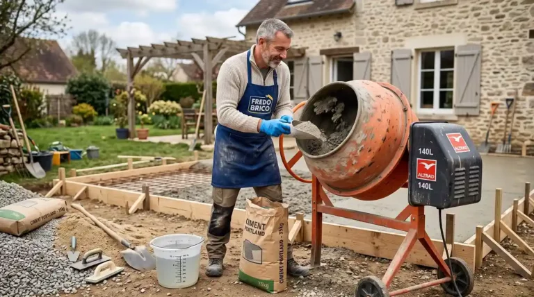 Artisan préparant du béton dans une bétonnière électrique avec sac de ciment de 35 kg, seau gradué et pelle pour couler une dalle extérieure