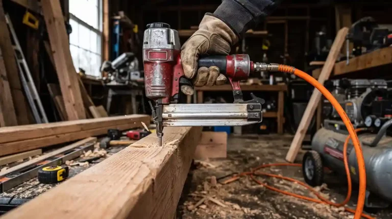 Menuisier utilisant un cloueur pneumatique sur ossature bois, relié à un compresseur de chantier 50 litres pour charpente.