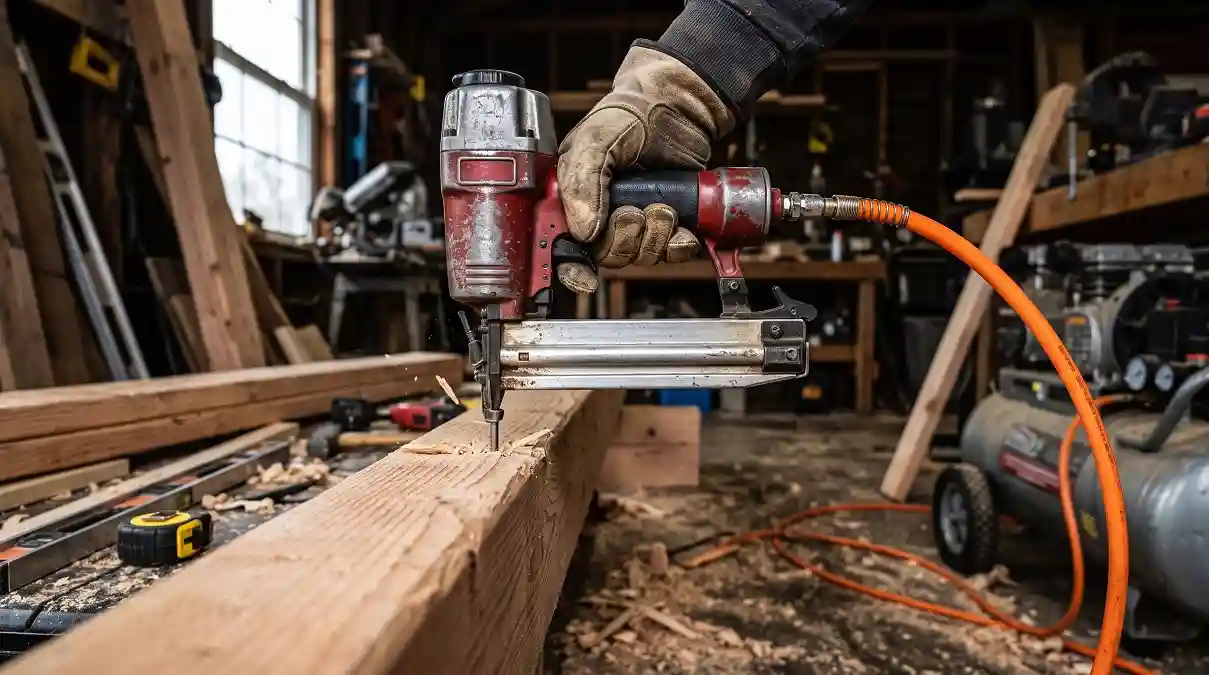 Menuisier utilisant un cloueur pneumatique sur ossature bois, relié à un compresseur de chantier 50 litres pour charpente.