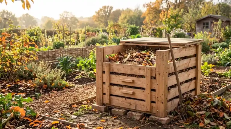 Bac à compost fait maison en planches de bois brut dans un potager d'automne pour savoir quel bois utiliser pour fabriquer un composteur maison durable.