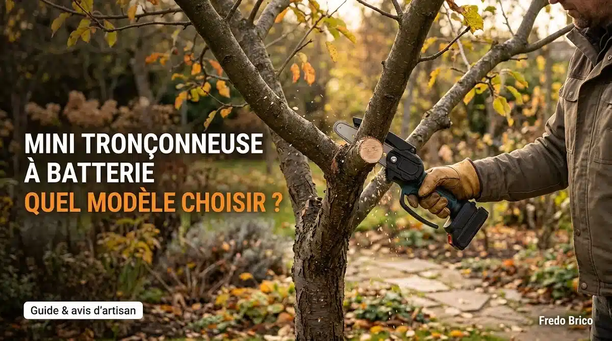 Élagage d'un arbre fruitier au jardin avec une mini tronçonneuse à batterie tenue à une main pour couper une branche nette.
